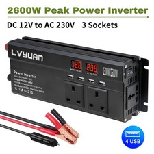 1300W 2600W Power Inverter 12V to 240V Car Converter 4USB 3AC 2LED Display Black