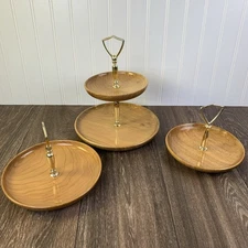 (3) Oregon Myrtlewood 1 & 2 Tier Tray Stand Serving Display Gold Tone Handle MCM