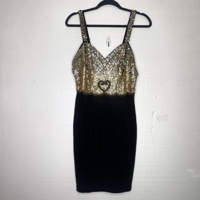 Mezza Luna Vintage Black Gold Beaded Sequin Body Con Mini Dress size 6