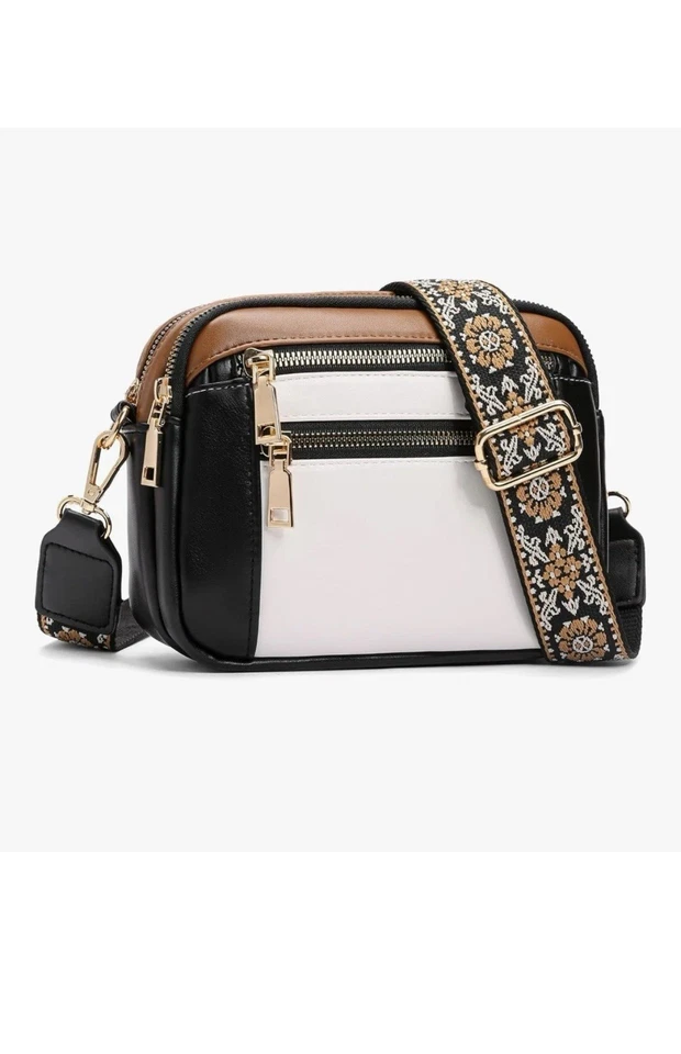 Sac bandoulière femme cuir tricolore noir/blanc/marron, sangle réglable, zip - Photo 1/1