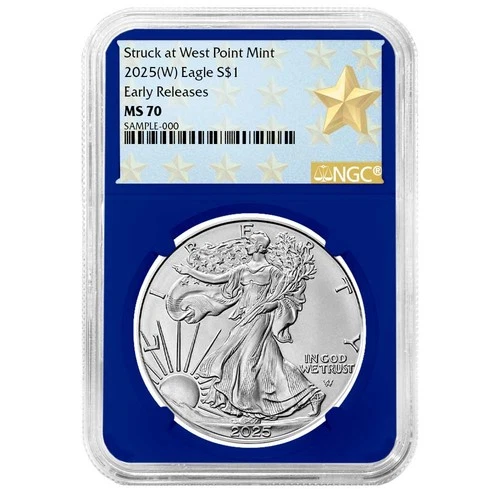 2025 (W) $1 American Silver Eagle NGC MS70 ER West Point Star Label Blue Core