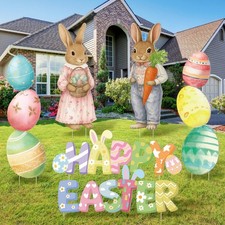 9 Pcs Happy Easter Yard Signs Decorations Easter Bunny and Egg Yard Signs Out...