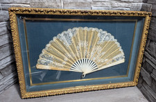 READ Antique Victorian Ornate Gold Display Framed Lace Fan Wall Decor Vintage