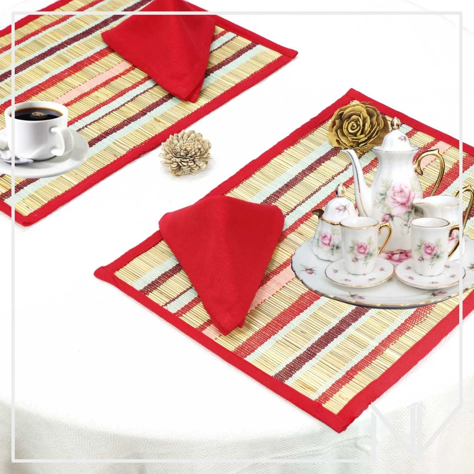 Outdoor Holiday Dining Bamboo Red Brown Stripes Placemats Kitchen Decor Set of 6 - Image 4 of 4
