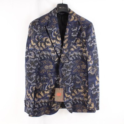 Etro Jaquard Single-Breasted Silk Blend Jacket In Navy/Gold Floral Men's Size 52