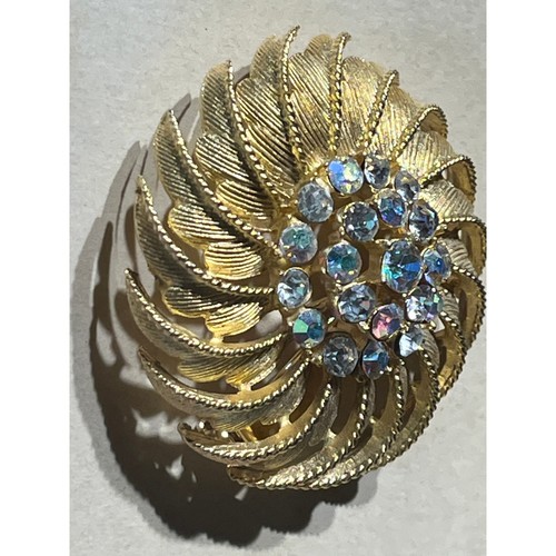 Spilla/spilla vintage tono oro grande con strass floreali. - Foto 3 di 6