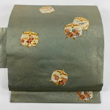Japanese Nagoya Obi Bobbin Flower Embroidery Gold Color Gray Green Pure Silk