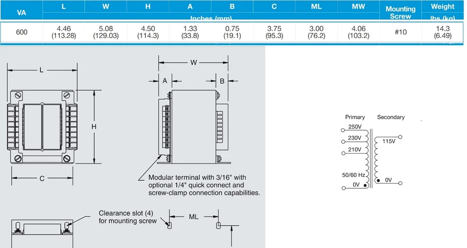 Transformador reductor Signal M4L-2-6 - PRI: 210V/230V/250V - SEC: 115V @ 5.2A Foto 2 de 4