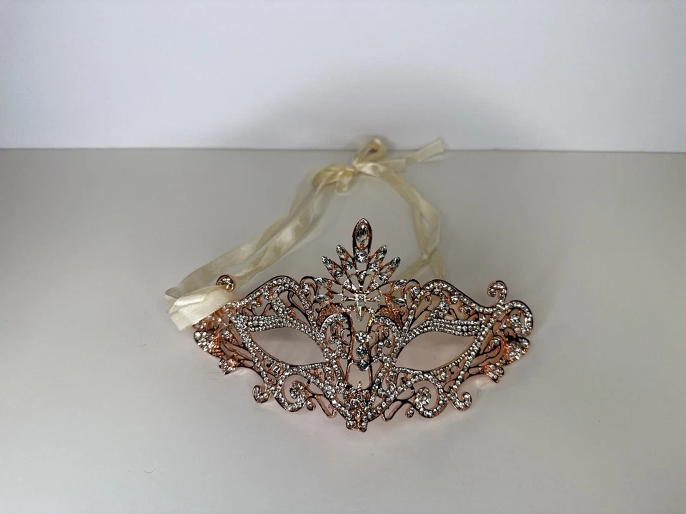 Rose Gold Rhinestone Masquerade Mask – Venetian Lace Metal Party Costume Ball - Image 3 of 4