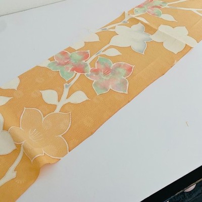 Apricot Yuzen #C 7.5x58 Hand Painted Vintage Japanese Jacquard Silk Fabric RW24
