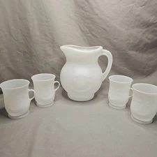 Vintage 5 Piece Smiling White Kool Aid Face Pitcher and Cups