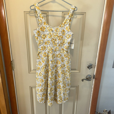 NWT Pact Organic Cotton Fit And Flare Dress Tie Back Floral Yellow Small