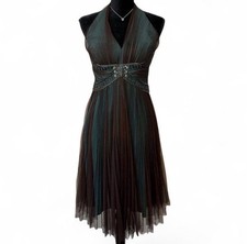 Badgley Mischka Halter Beaded Embroidery Pleated Tulle Silk Dress Sz 6 cocktail