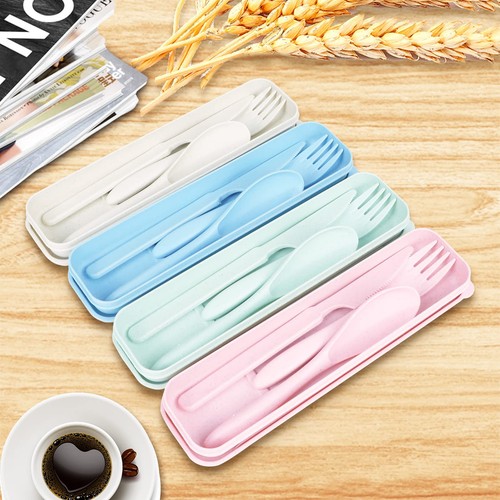 4 Sets Reusable Travel Utensils Wheat Straw Tableware BPA Free Cutlery Camping - Picture 3 of 7
