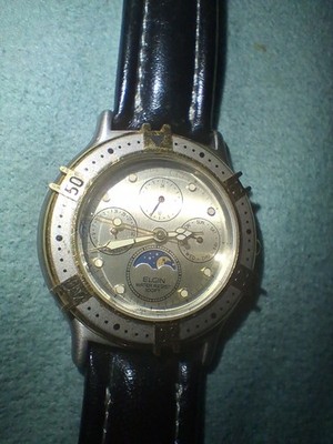 Rare (Elgin) Mens Calendar Moon Phase 24-Hour Quartz Watch FS408 !!