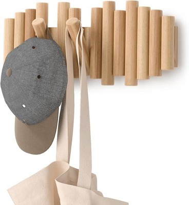Umbra Picket 5 Hooks, Wall-Mounted Rail, Doubles as Art, Beveled Pine Wood Dowel
