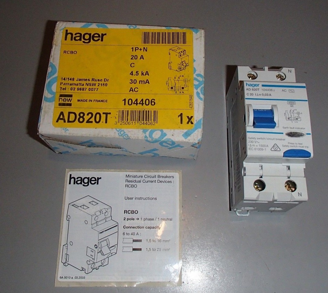 *NEW* Hager Miniature Circuit Breaker AD820T 2 POLE 20AMP 6KA 30MA RCD/MCB COMBO