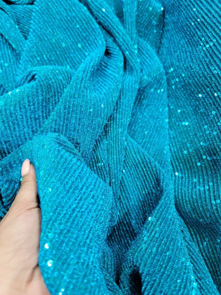 Turquoise Stretch Pleated Fabric by the Yard - Bridal Embroidery with Sequins - Image 2 of 3