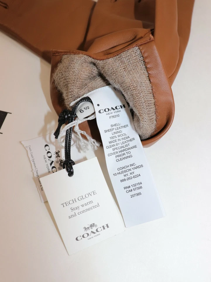 NEW COACH Size 6.5 Women's Gloves Saddle 100% Soft Leather Wool Lined TECH $148  - Image 3 of 4
