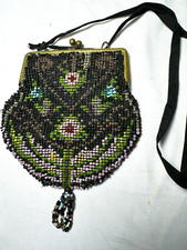 VINTAGE ANTIQUE GERMANY BEADED BAG PURSE METAL FRAME MIRROR -FREE SHIP