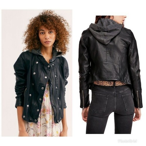 Dawn Hooded Faux Leather Jacket Black 