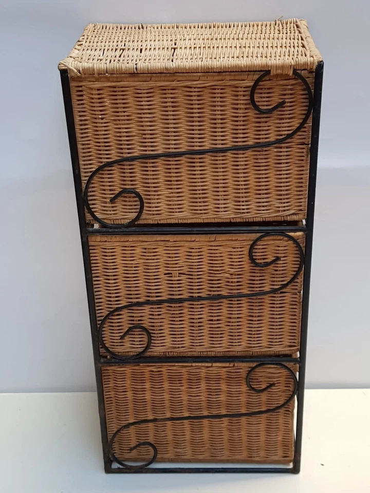 Vintage 3 Wicker Drawers in Black Metal Stand – Sturdy 3-Drawer Storage Unit - Image 3 of 4