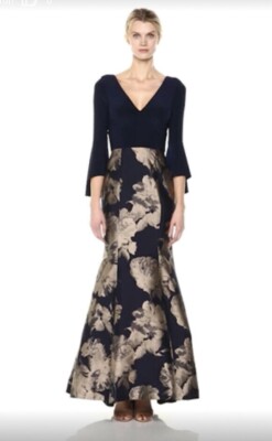 XSCAPE Navy Jacquard Brocade Floral V-Neck Illusion Bell Sleeve