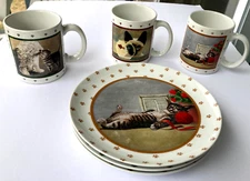 Lowell Herrero Cat Coffee Mugs & Plates Dinnerware Set of 6  Made in Japan 1988
