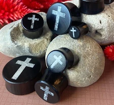 PAIR Crystal Quartz Cross Inlay Black Wood Saddle Tunnels Plugs Gauges Earlets