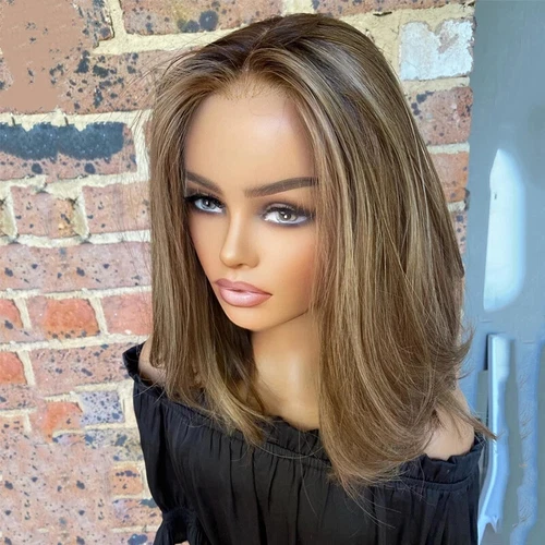 12Inch Highlight Ash Blonde  Brown Colored 13x4 Lace Front Wig Human Hair 180%