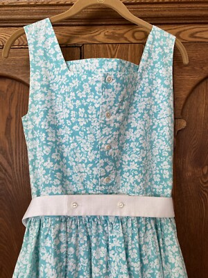 lanz cotton dress 1960s Lanz Original Cotton Dress, Green Flower Print, Pockets, Smocked Bodice