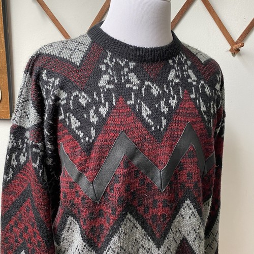 Vtg 80s 90s Knit Sweater Abstract Funky Geometric Avantgarde Leather Trim Men XL - 第 5/14 張圖片