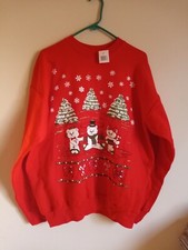 NEW VTG Ugly Christmas Sweatshirt Bears Ice Skating Crewneck Red