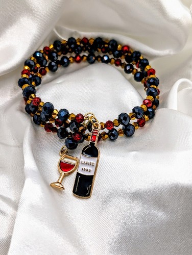 Handmade Beaded Cuff Bracelet With Wine Glass/Bottle Charms - Picture 5 of 6