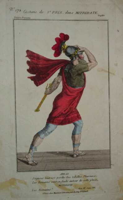 GRABADO COLOR DISFRAZ TEATRO MARTINET IMPERIO HOMBRE SANTO PREMIO ROMANO 1810