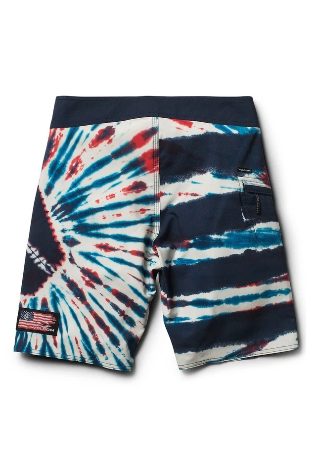 Volcom Boy's 26/12 Peace Sign Stone Mod Tech Board Shorts Red Blue White Tie Dye - Image 2 of 2