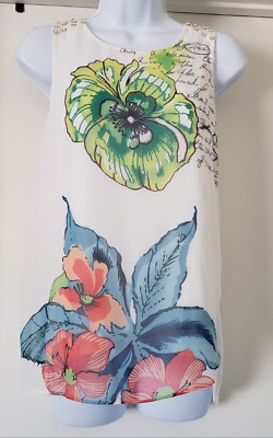 Desigual Top Blouse Size S Sequin Beads Floral Chiffon Lined Keyhole Shimmery