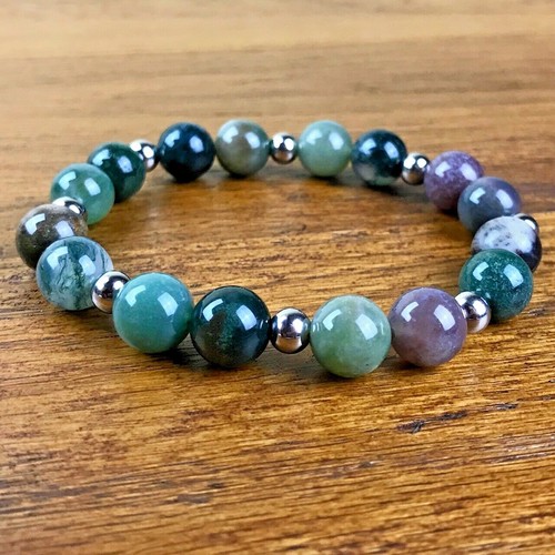 Bracelet homme/femme 8 mm en agate indienne naturelle, pierres précieuses et acier inoxydable par Lyme Bay Art. - France