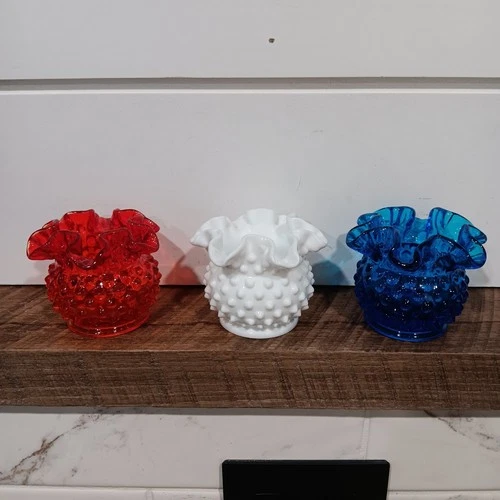 Vintage Set Of 3 Vintage Fenton Hobnail Red,White & Blue Ruffle Vases