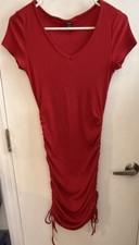 SHEIN Womens Red Bodycon Dress S Knit Stretch Ruched Drawstring V-Neck Short