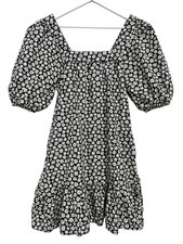 Billabong Dress Womens Small Black White Floral Puff Sleeve Square Neck