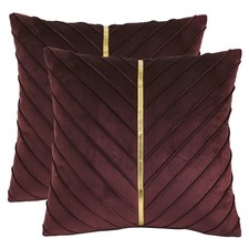 Tosleo Burgundy Velvet Throw Pillow Covers 18x18" Set of 2 Gold Leather Accent