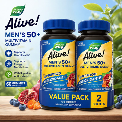 Nature's Way Alive! Men's 50+ Gummy Multivitamins, B-Vitamins, Fruit , 60 Count