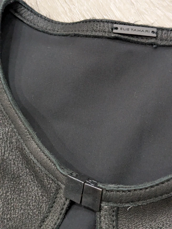 Chaqueta Elie Tahari Mujer Mediana Negra Corte Láser Cuero Cordero Larga ED3H2405 Foto 4 de 4