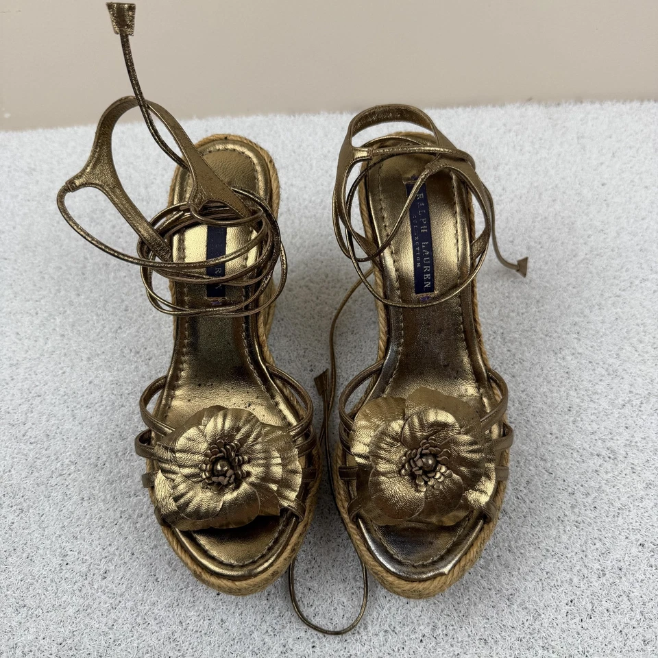 Туфли женские Lauren Ralph Lauren размер 7 золотистые эспадрильи на танкетке сандалии на шнуровке - Изображение 2 из 4