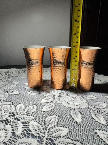 3 Vintage VENUS Hammered Copper Drinking Cups – 4" Tin Lined Tumblers Barware - Picture 7 of 9