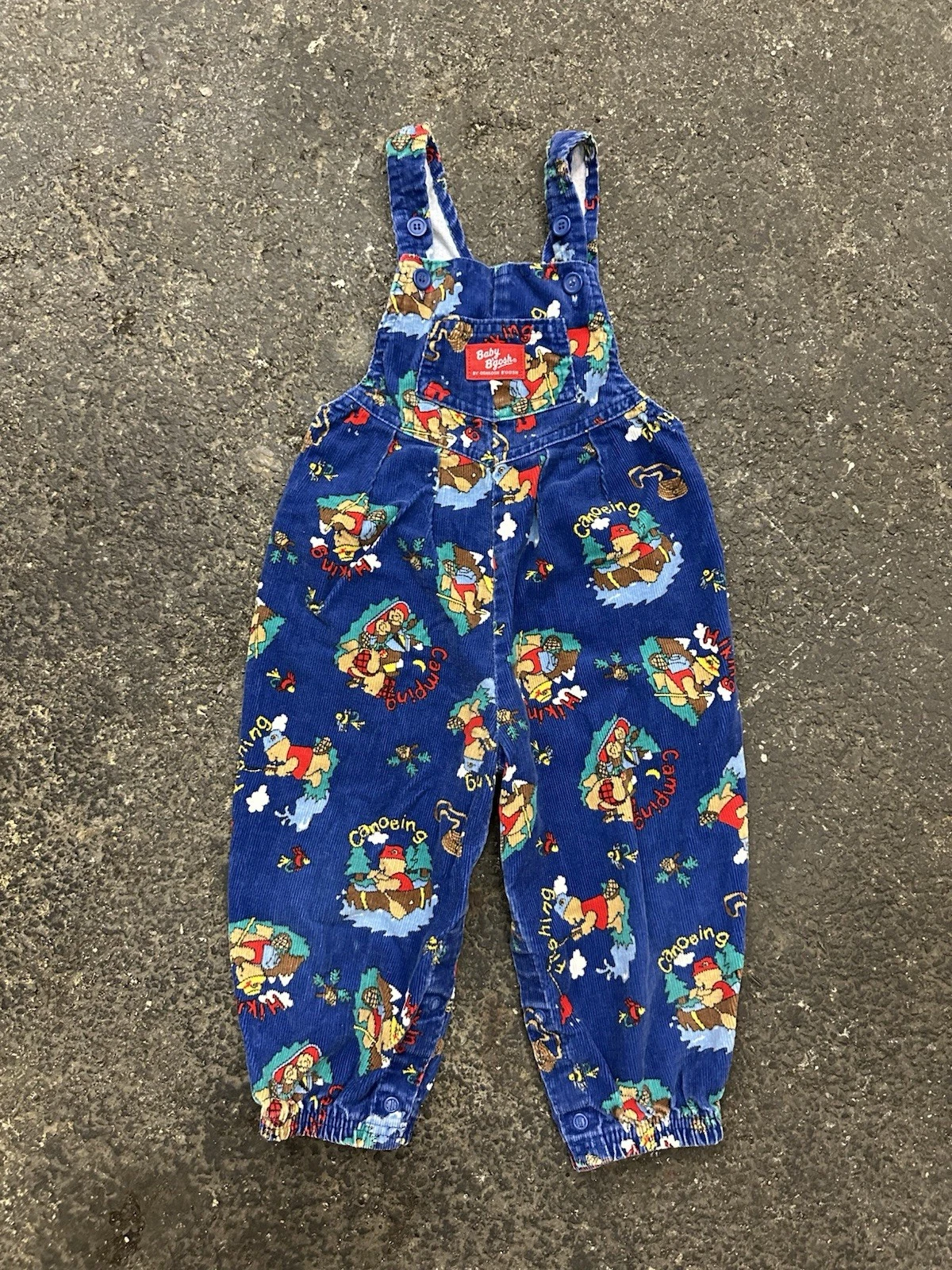 Oshkosh Bgosh Camping Bear Corduroy Overalls Blue AOP Baby Vintage 24M USA