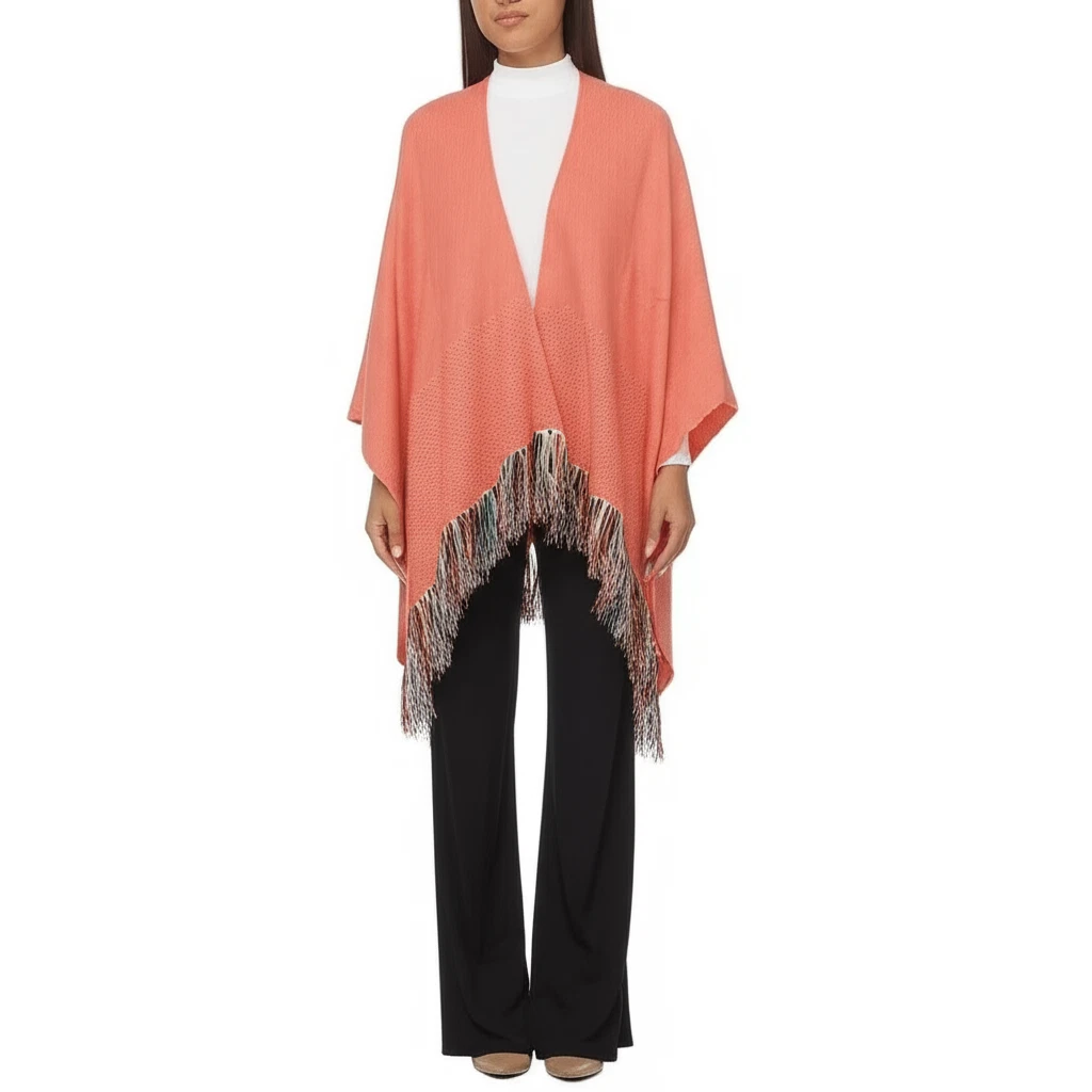 Mersea OS coral Pink Peach Travel Kimono Wrap Multicolor Fringe Poncho Knit Boho