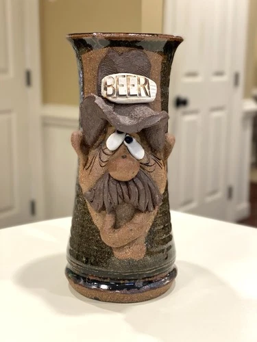 Ugly Funny 3D Face Mug, MMS Mahon Pottery Stoneware Mustache Man Beer 9”