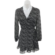 All In Favor Black White Polka Dot Long Sleeve Ruffle Mini Wrap A-line Dress S